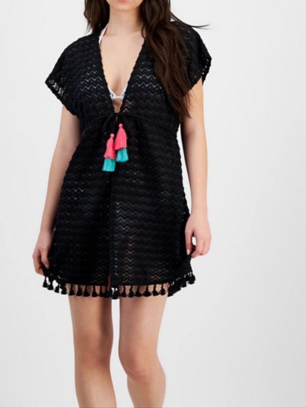 New Miken Swim Black Crochet Cover-Up with Colorful Tassels, NWT, Sz. Large